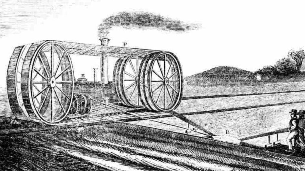 A estranha invenção de 1832, do britânico John Heathcoat, é considerado como uma das primeiras tentativas de criar um sistema de tração por esteiras.