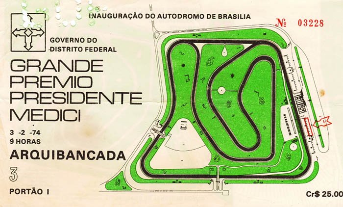 Imagem: ingresso para o evento de Fórmula 1 em Brasília no novo autódromo finalizado ao final de 1973.