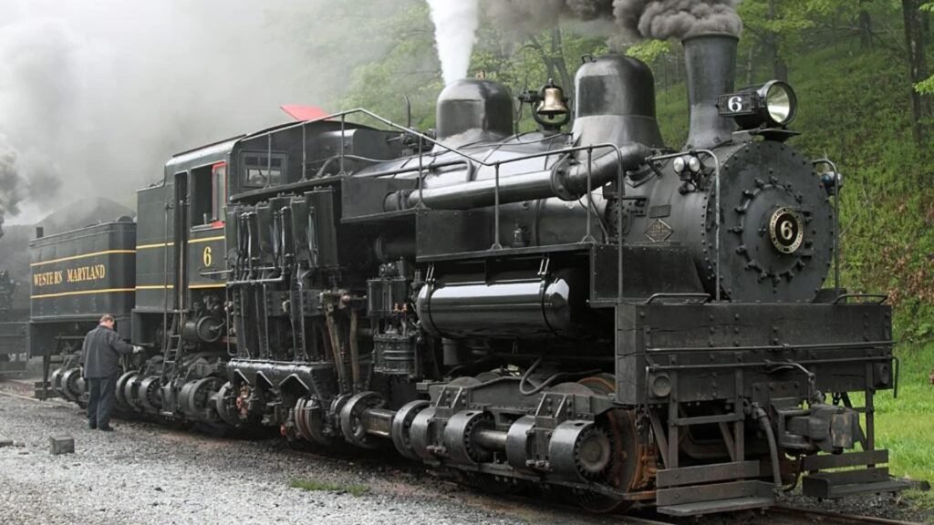 Conheçam a locomotiva Shay - um modelo a vapor que ficou notório por ter cilindros verticais e tração em todas as rodas.
