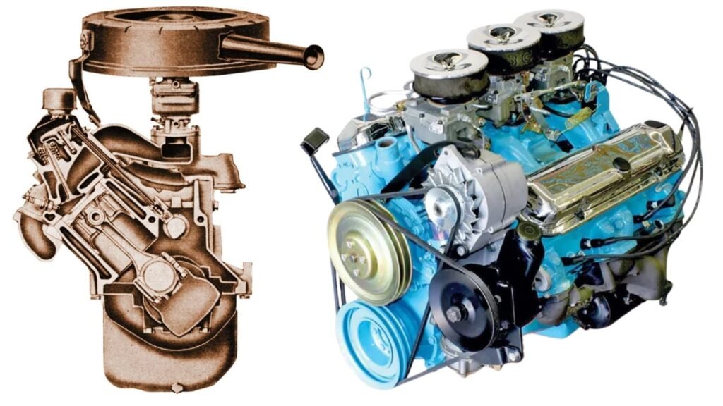 O Trophy 4 (esq.) era o motor 389 (dir.) com 4 cilindros a menos. Como dá pra observar, o motor preservou a inclinação da bancada em 45º (metade do V8 que tem 90º).