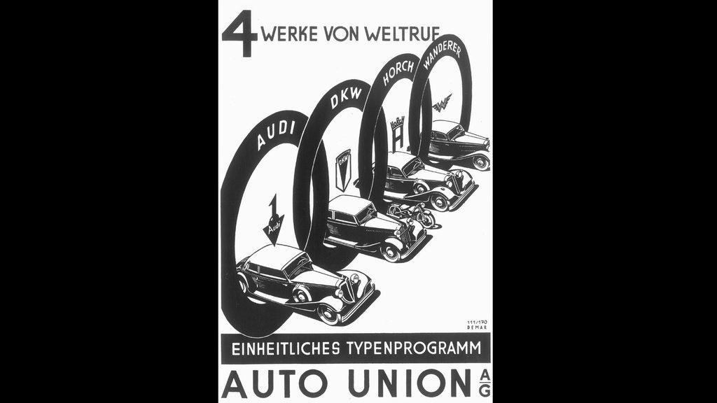 Propaganda da Auto Union mostrando todas as fabricantes da corporação: Audi, DKW, Horch e Wanderer.